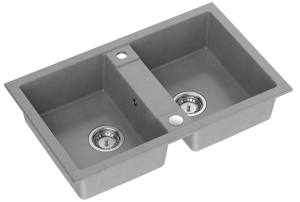 Quadron Unique Zlewozmywak granitowy dwukomorowy 78*48*17,5 cm z ociekaczem DENZEL 120 szary ze stalowym odpływem