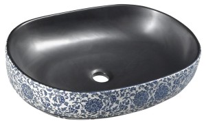 SAPHO Umywalka nablatowa PRIORI owalna bez przelewu czarna z niebieskim wzorem  60x40x13,5 cm PI026