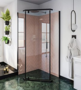 Kabina STYLIO pentagonalna 1-skrzydłowa 80x80x190 czarny mat szkło transparentne z powłoką CleanGLASS - Darmowa dostawa