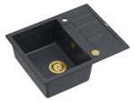 Quadron Unique Zlewozmywak granitowy jednokomorowy 62*50*22 cm z ociekaczem MORGAN 116 BLACK DIAMOND z syfonem Push-2-Open w kolorze złotym