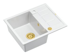 Quadron Unique Zlewozmywak granitowy jednokomorowy 62*50*22 cm z ociekaczem MORGAN 116 SNOW WHITE z syfonem Push-2-Open w kolorze złotym-DARMOWA DOSTAWA