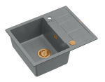 Quadron Unique Zlewozmywak granitowy jednokomorowy 62*50*22 cm z ociekaczem MORGAN 116 SILVER STONE z syfonem Push-2-Open w kolorze miedzianym