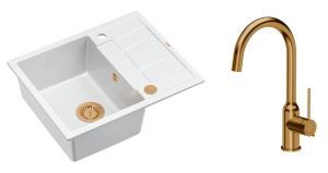 Quadron Unique Zlewozmywak granitowy jednokomorowy 62*50*22 cm z ociekaczem MORGAN 116 SNOW WHITE z syfonem Push-2-Open w kolorze miedzianym z baterią INGRID Q LINE kolor miedziany-DARMOWA DOSTAWA