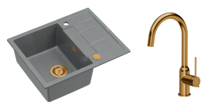 Quadron Unique Zlewozmywak granitowy jednokomorowy 62*50*22 cm z ociekaczem MORGAN 116 SILVER STONE z syfonem Push-2-Open w kolorze miedzianym z baterią INGRID Q LINE kolor miedziany-DARMOWA DOSTAWA