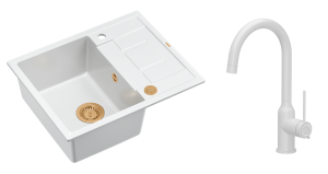 Quadron Unique Zlewozmywak granitowy jednokomorowy 62*50*22 cm z ociekaczem MORGAN 116 SNOW WHITE z syfonem Push-2-Open w kolorze miedzianym z baterią INGRID Q LINE SNOW WHITE w kolorze biały mat - DARMOWA DOSTAWA
