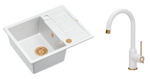 Quadron Unique Zlewozmywak granitowy jednokomorowy 62*50*22 cm z ociekaczem MORGAN 116 SNOW WHITE z syfonem Push-2-Open w kolorze miedzianym z baterią INGRID Q LINE SNOW WHITE w kolorze biały mat/ wykończenie miedź - DARMOWA DOSTAWA