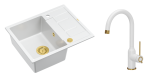 Quadron Unique Zlewozmywak granitowy jednokomorowy 62*50*22 cm z ociekaczem MORGAN 116 SNOW WHITE z syfonem Push-2-Open w kolorze złotym z baterią INGRID Q LINE kolor biały mat/wykończenie złote-DARMOWA DOSTAWA