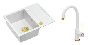 Quadron Unique Zlewozmywak granitowy jednokomorowy 62*50*22 cm z ociekaczem MORGAN 116 SNOW WHITE z syfonem Push-2-Open w kolorze złotym z baterią INGRID Q LINE kolor biały mat/wykończenie złote-DARMOWA DOSTAWA