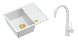Quadron Unique Zlewozmywak granitowy jednokomorowy 62*50*22 cm z ociekaczem MORGAN 116 SNOW WHITE z syfonem Push-2-Open w kolorze złotym z baterią INGRID Q LINE kolor biały mat -DARMOWA DOSTAWA
