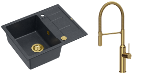 Quadron Unique Zlewozmywak granitowy jednokomorowy 62*50*22 cm z ociekaczem MORGAN 116 BLACK DIAMOND z syfonem Push-2-Open w kolorze złotym z baterią MARILYN Q LINE z ruchomą wylewką kolor złoty-DARMOWA DOSTAWA