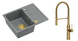 Quadron Unique Zlewozmywak granitowy jednokomorowy 62*50*22 cm z ociekaczem MORGAN 116 SILVER STONE z syfonem Push-2-Open w kolorze złotym z baterią MARILYN Q LINE z ruchomą wylewką kolor złoty-DARMOWA DOSTAWA