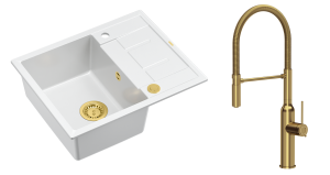 Quadron Unique Zlewozmywak granitowy jednokomorowy 62*50*22 cm z ociekaczem MORGAN 116 SNOW WHITE z syfonem Push-2-Open w kolorze złotym z baterią MARILYN Q LINE z ruchomą wylewką kolor złoty-DARMOWA DOSTAWA