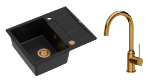 Quadron Unique Zlewozmywak granitowy jednokomorowy 62*50*22 cm z ociekaczem MORGAN 116 PURE CARBON z syfonem Push-2-Open w kolorze miedzianym z baterią INGRID Q LINE kolor miedziany-DARMOWA DOSTAWA