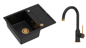 Quadron Unique Zlewozmywak granitowy jednokomorowy 62*50*22 cm z ociekaczem MORGAN 116 PURE CARBON z syfonem Push-2-Open w kolorze miedzianym z baterią INGRID Q LINE kolor czarny mat/wykończenie miedź -DARMOWA DOSTAWA