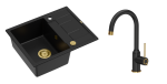 Quadron Unique Zlewozmywak granitowy jednokomorowy 62*50*22 cm z ociekaczem MORGAN 116 PURE CARBON z syfonem Push-2-Open w kolorze złotym z baterią INGRID Q LINE kolor czarny mat/wykończenie złote-DARMOWA DOSTAWA