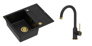 Quadron Unique Zlewozmywak granitowy jednokomorowy 62*50*22 cm z ociekaczem MORGAN 116 PURE CARBON z syfonem Push-2-Open w kolorze złotym z baterią INGRID Q LINE kolor czarny mat/wykończenie złote-DARMOWA DOSTAWA