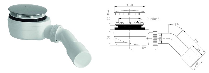 Rysunek techniczny z wymiarami syfonu