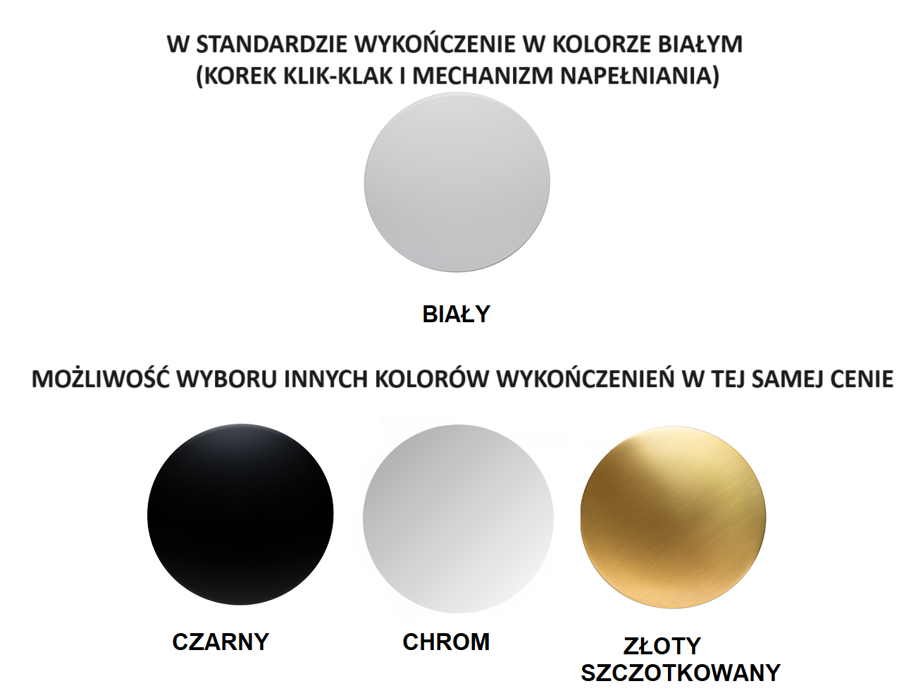 Opcje kolorystyczne systemu napełniania: biały, czarny, chrom, złoty szczotkowany PVD